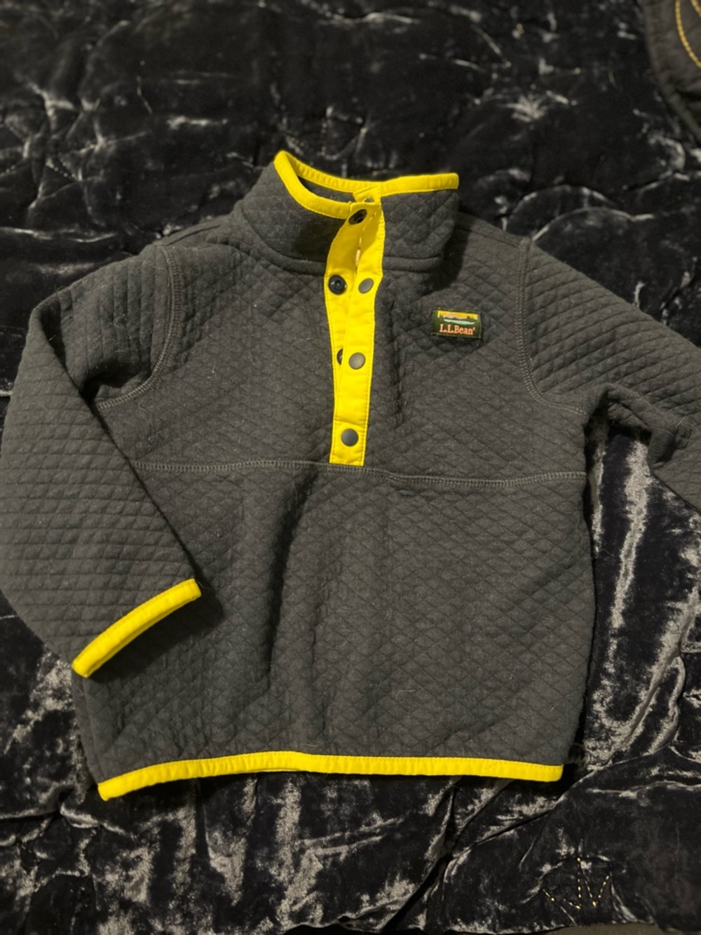 L.L. Bean Quilted Pullover Hoodie in Charcoal with Yellow Trim